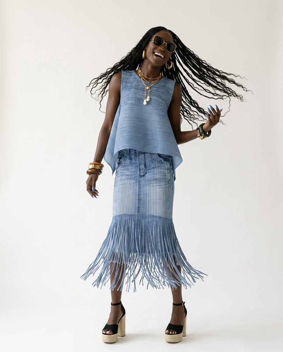 Wild Heart Denim Fringe Two-Piece Set Boho Brown