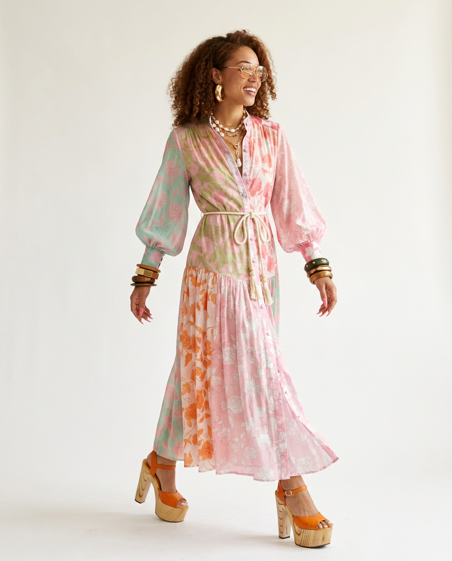 Vibrant Printed Pleated Maxi Dress Boho Brown