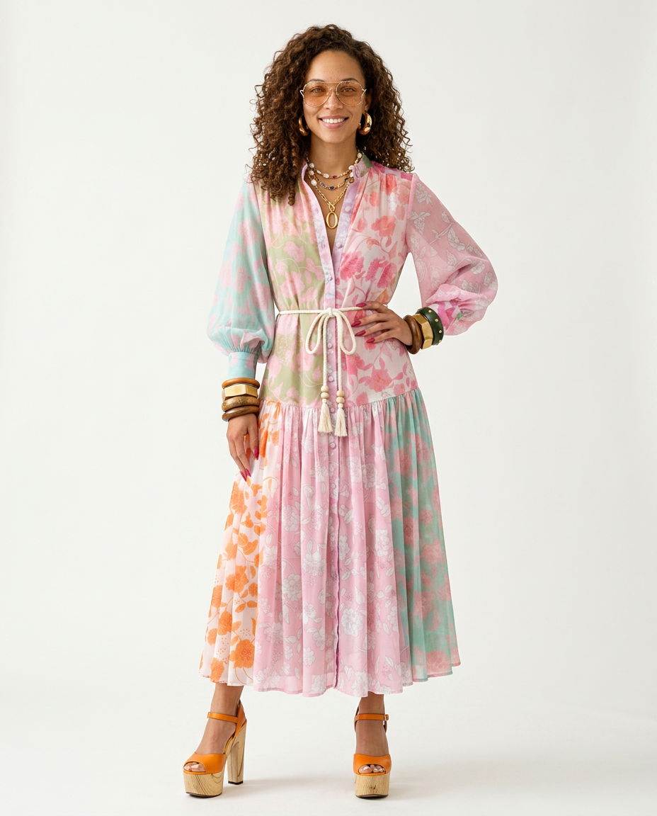 Vibrant Printed Pleated Maxi Dress Boho Brown