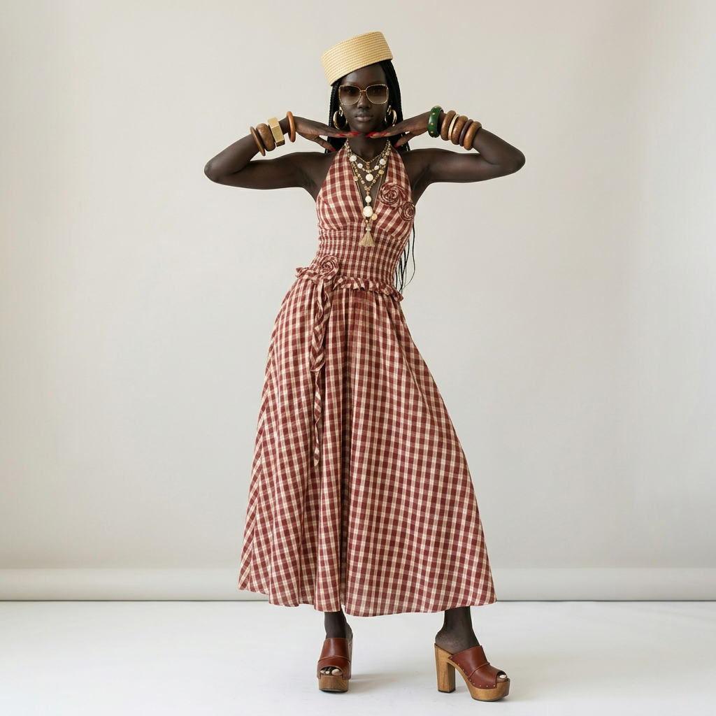 Sovereign Check Halter Maxi Dress Boho Brown