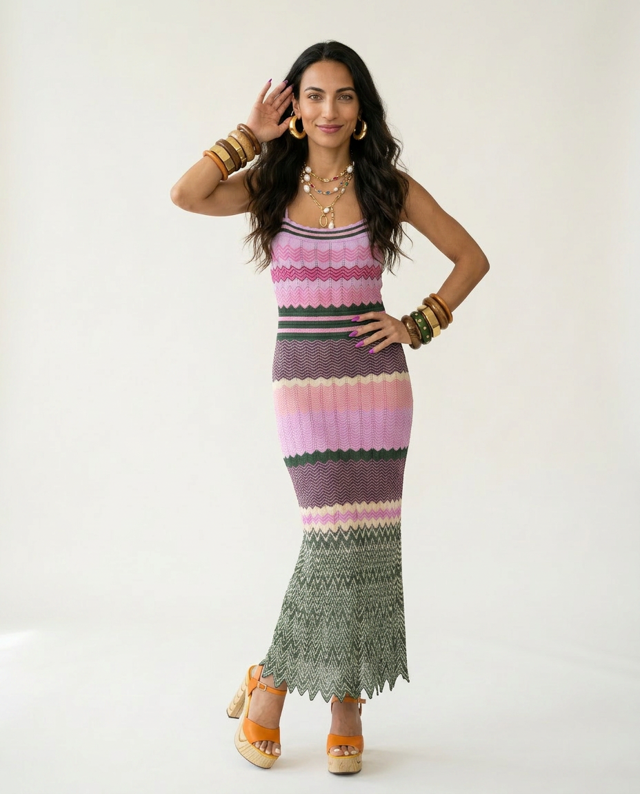 Vibrant Knitted Geometric Maxi Dress Boho Brown