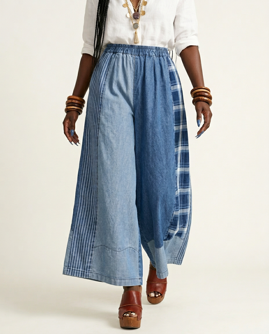 Unique Patchwork Wide Leg Trousers Boho Brown