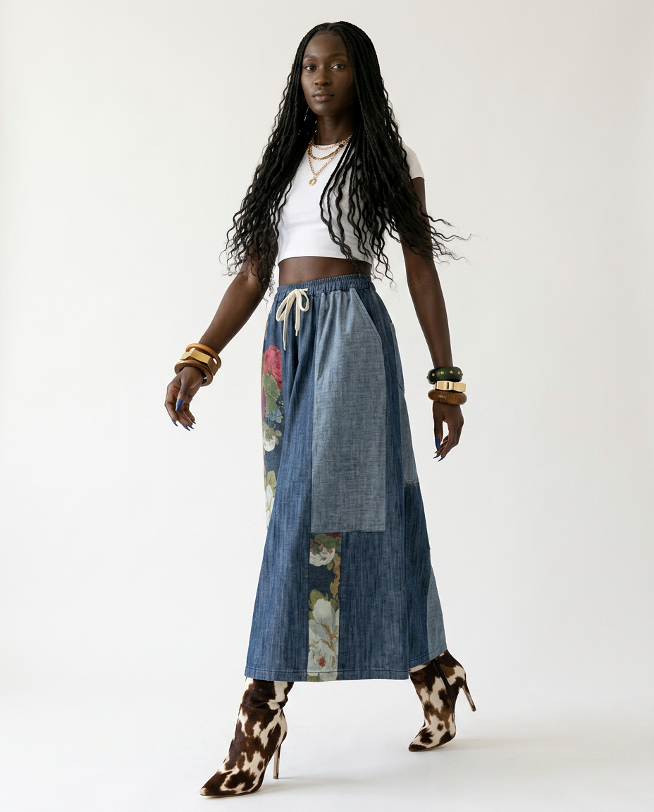 Wild Heart Denim Floral Patchwork Trousers Boho Brown