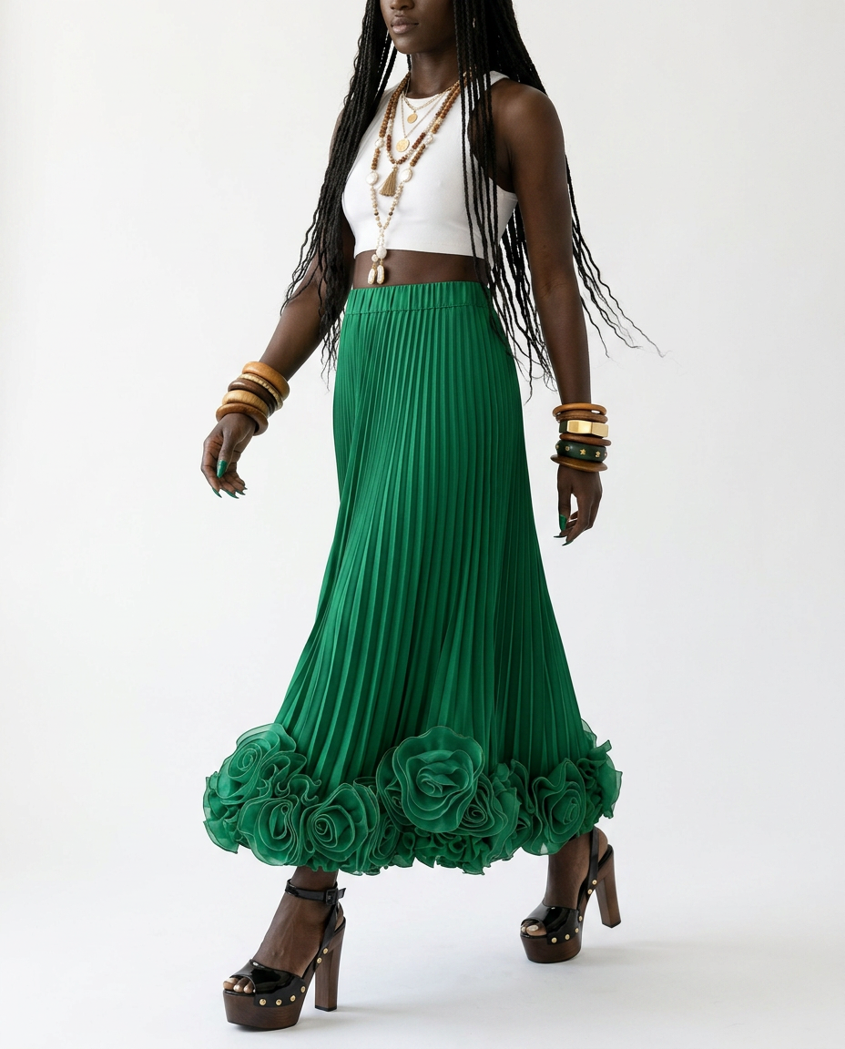 Radiant Pleated Floral Maxi Skirt Boho Brown