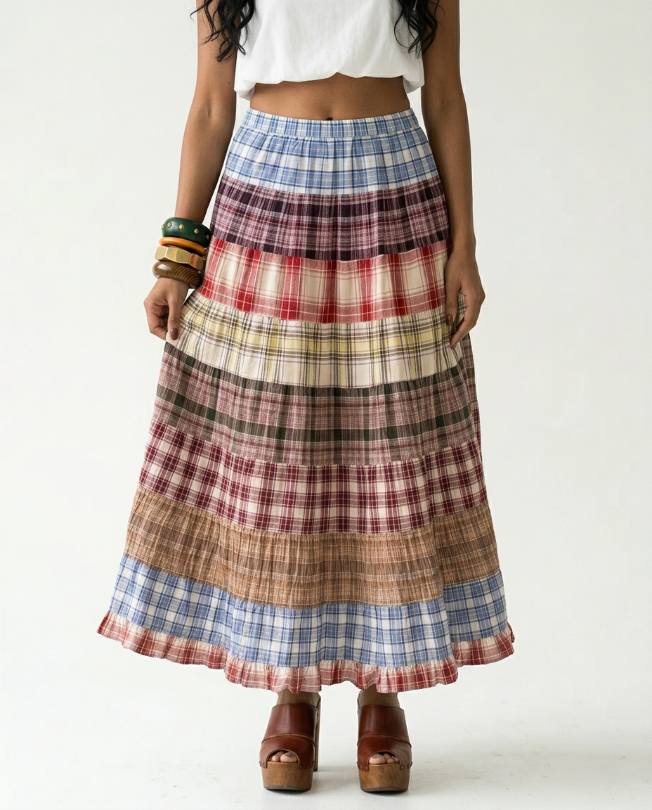 Wanderlust Plaid Patchwork Maxi Skirt Boho Brown