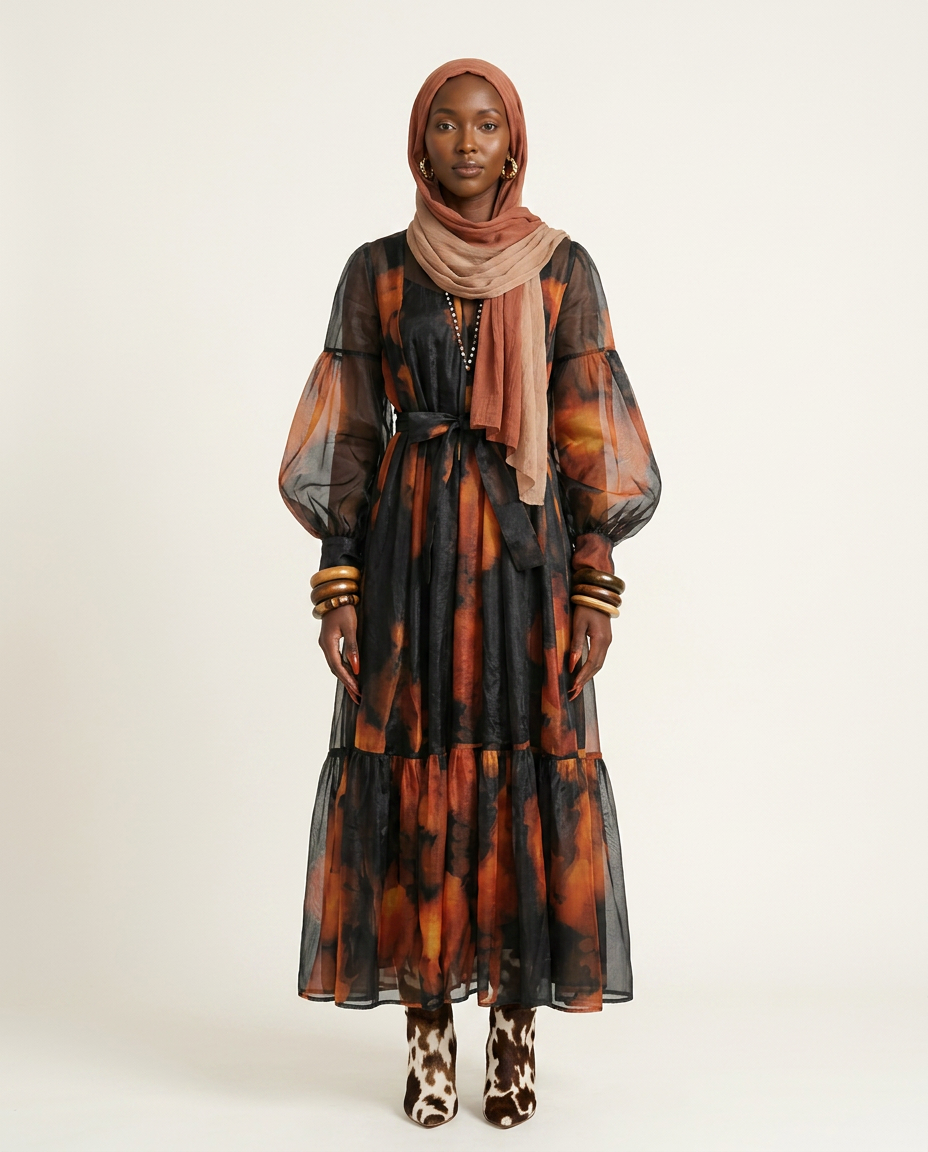 Magnetic Printed Colorblock Maxi Dress Boho Brown