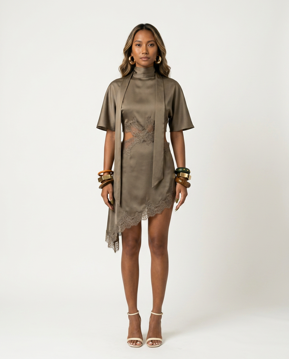 Audacious Scarf Collar Mini Dress Boho Brown