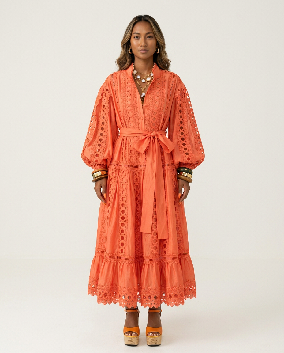 Graceful Lace Lantern Sleeve Dress Boho Brown