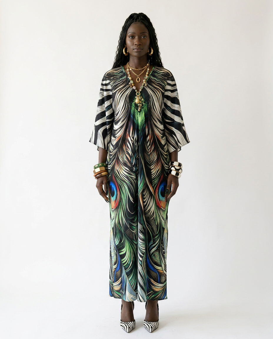 Free Spirit Printed Oversized Kaftan Boho Brown