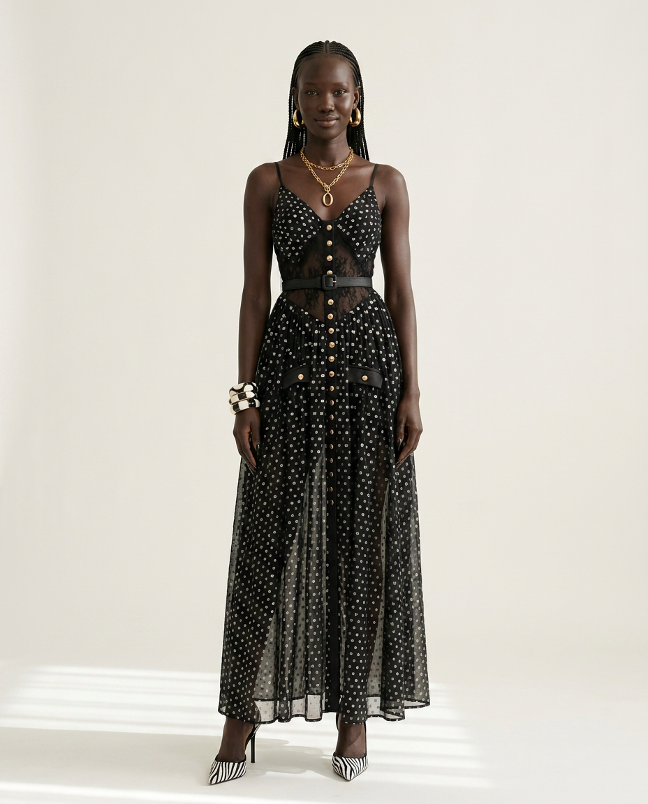 Audacious Polka Dot Mesh Maxi Dress Boho Brown