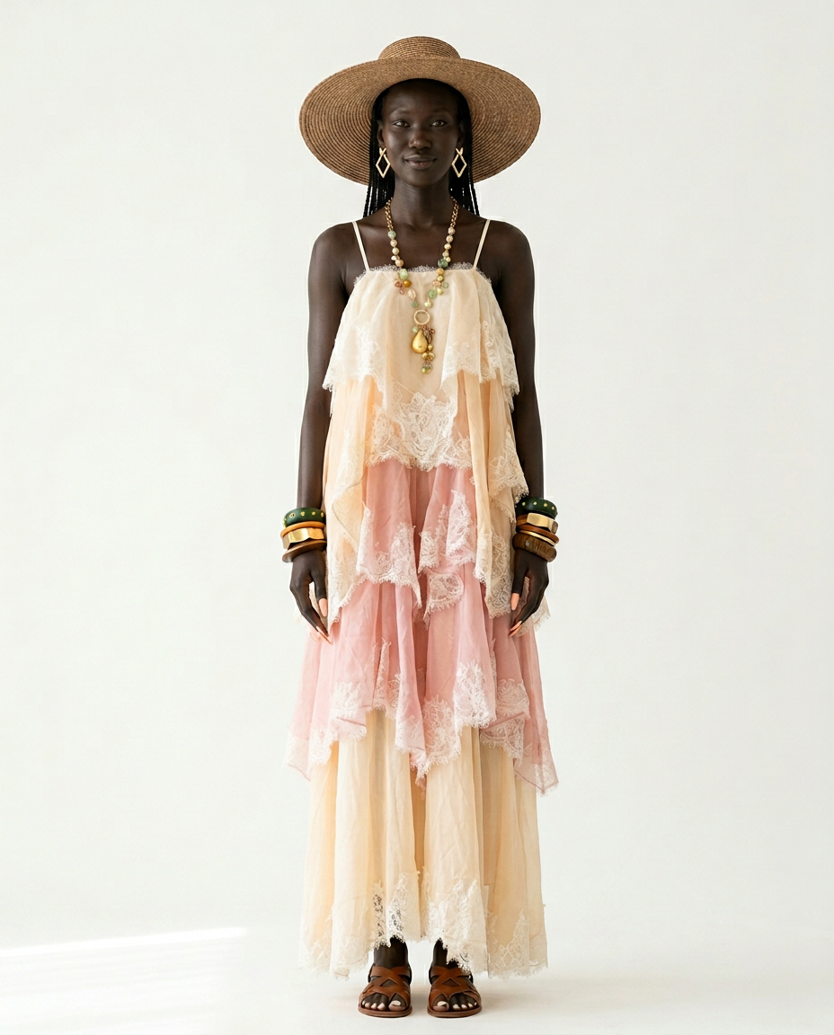 Divine Embroidered Tiered Maxi Dress Boho Brown
