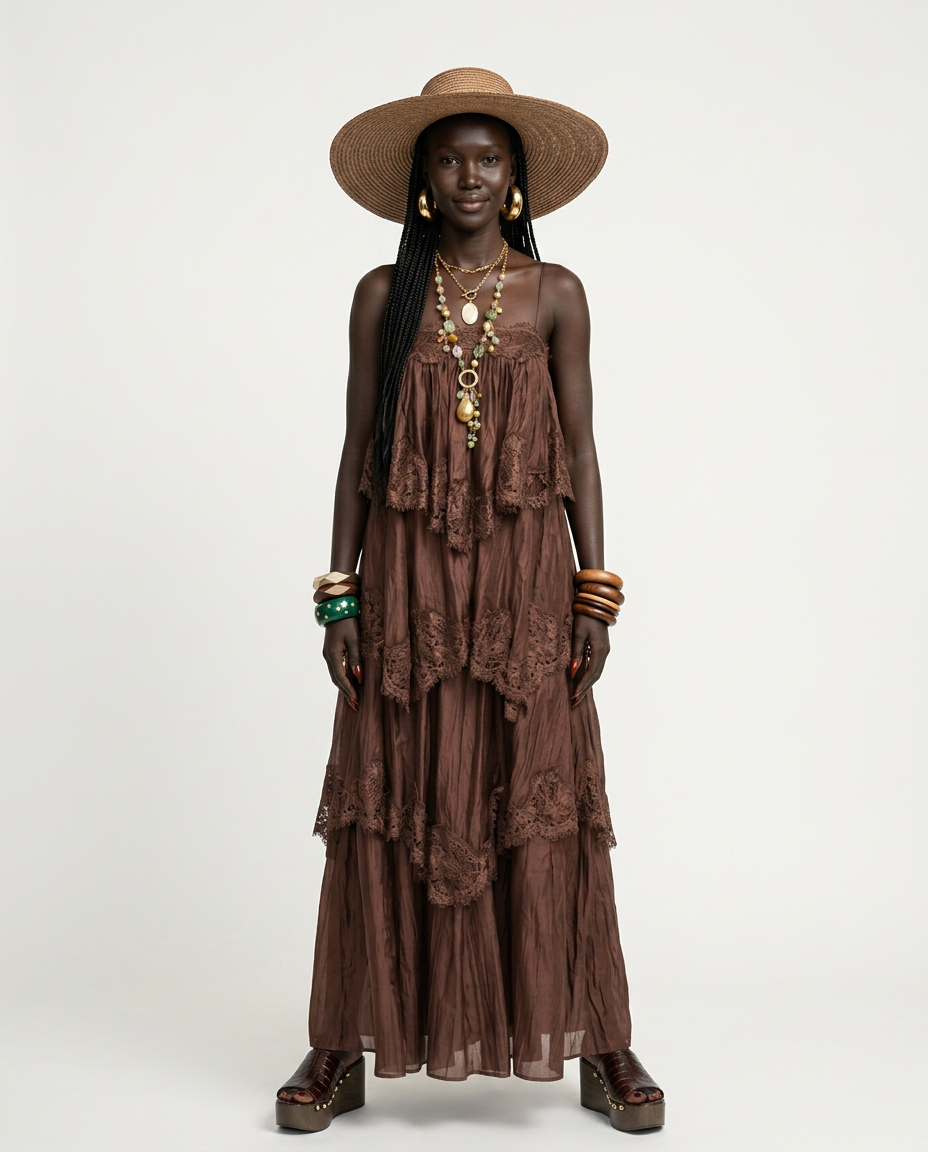 Divine Embroidered Tiered Maxi Dress Boho Brown