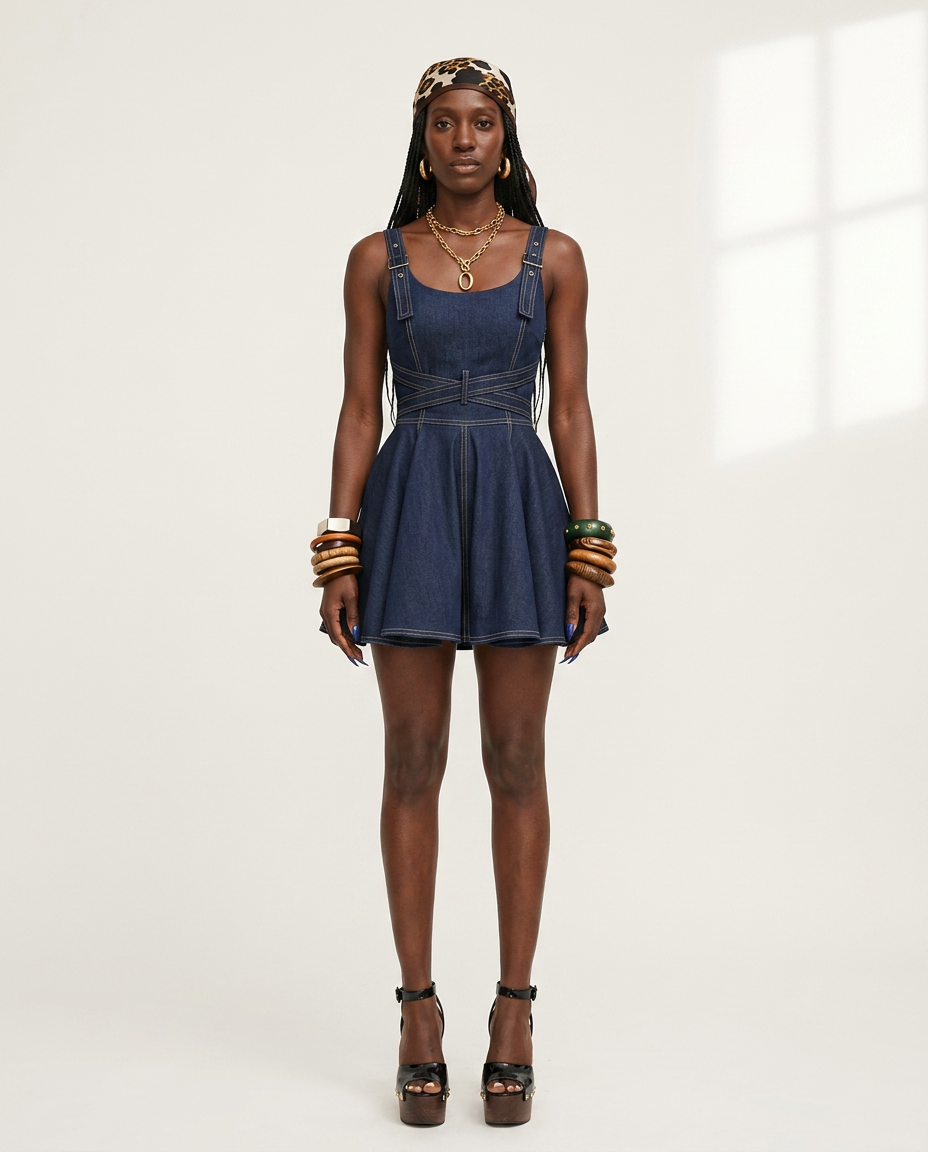 Daring Denim Flared Mini Dress Boho Brown