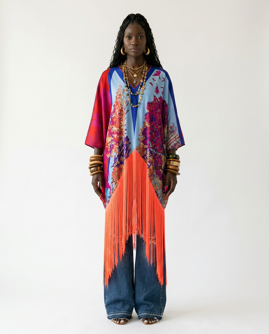 Spirited Tassel Print Maxi Kaftan Boho Brown