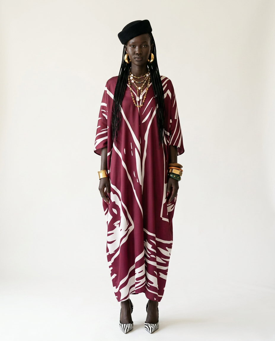Sovereign Printed Silk Oversized Kaftan Boho Brown