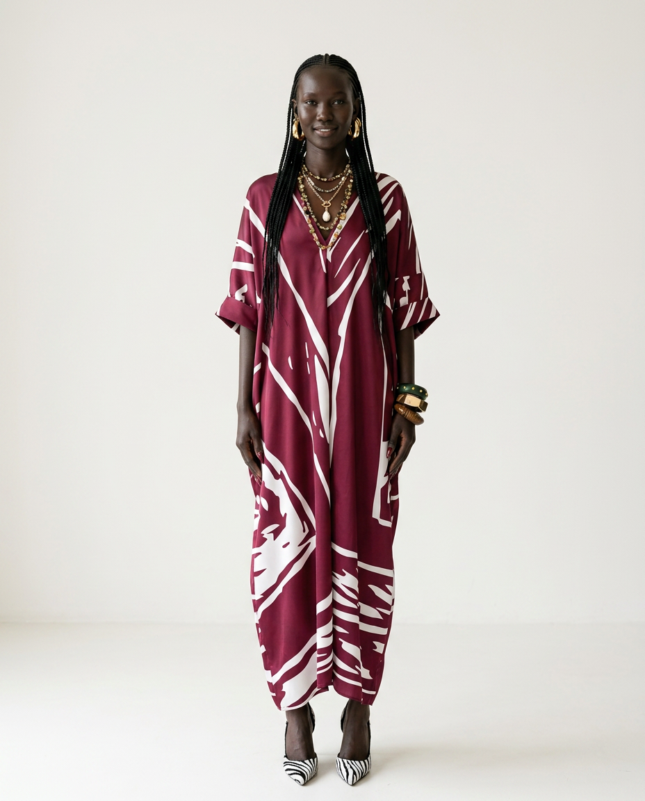 Sovereign Printed Silk Oversized Kaftan Boho Brown