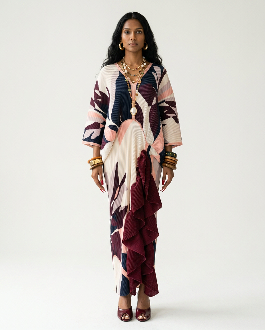 Ethereal Pleated Ruffle Maxi Kaftan Boho Brown