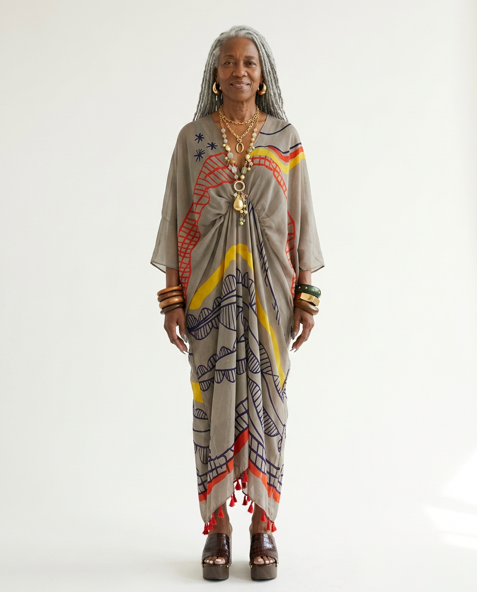 Wanderlust Graffiti Print Tassel Kaftan Boho Brown