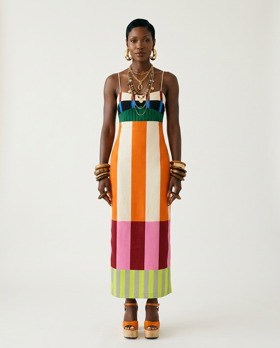 Vibrant Striped Bodycon Maxi Dress Boho Brown