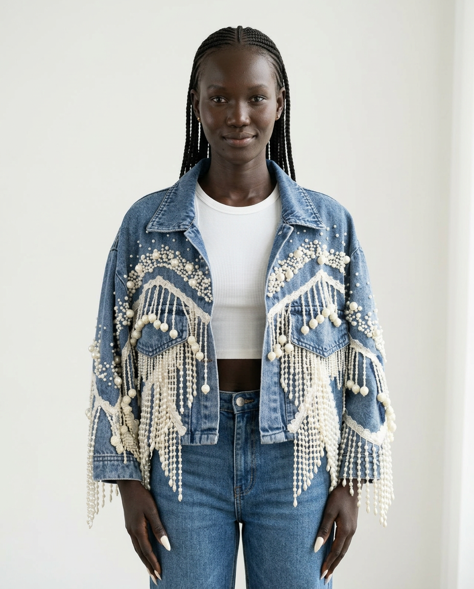 Wild Heart Pearl Tassel Denim Jacket Boho Brown