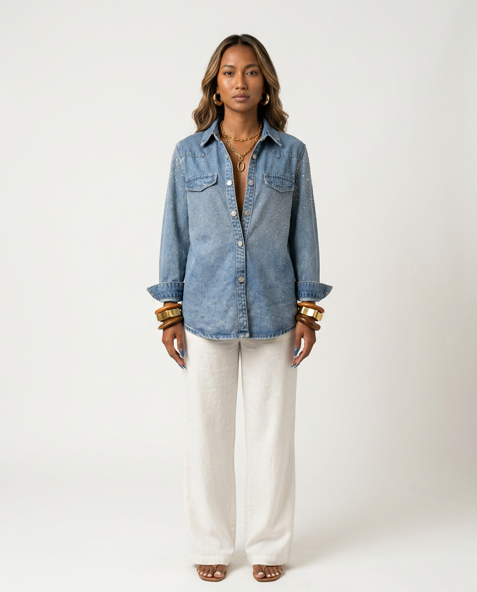 Radiant Rhinestone Denim Shirt Boho Brown