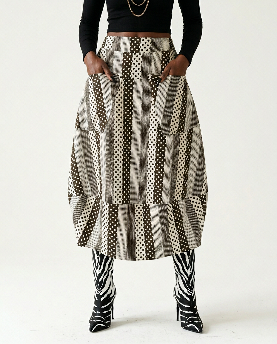 Unique Dot Striped A-Line Skirt Boho Brown