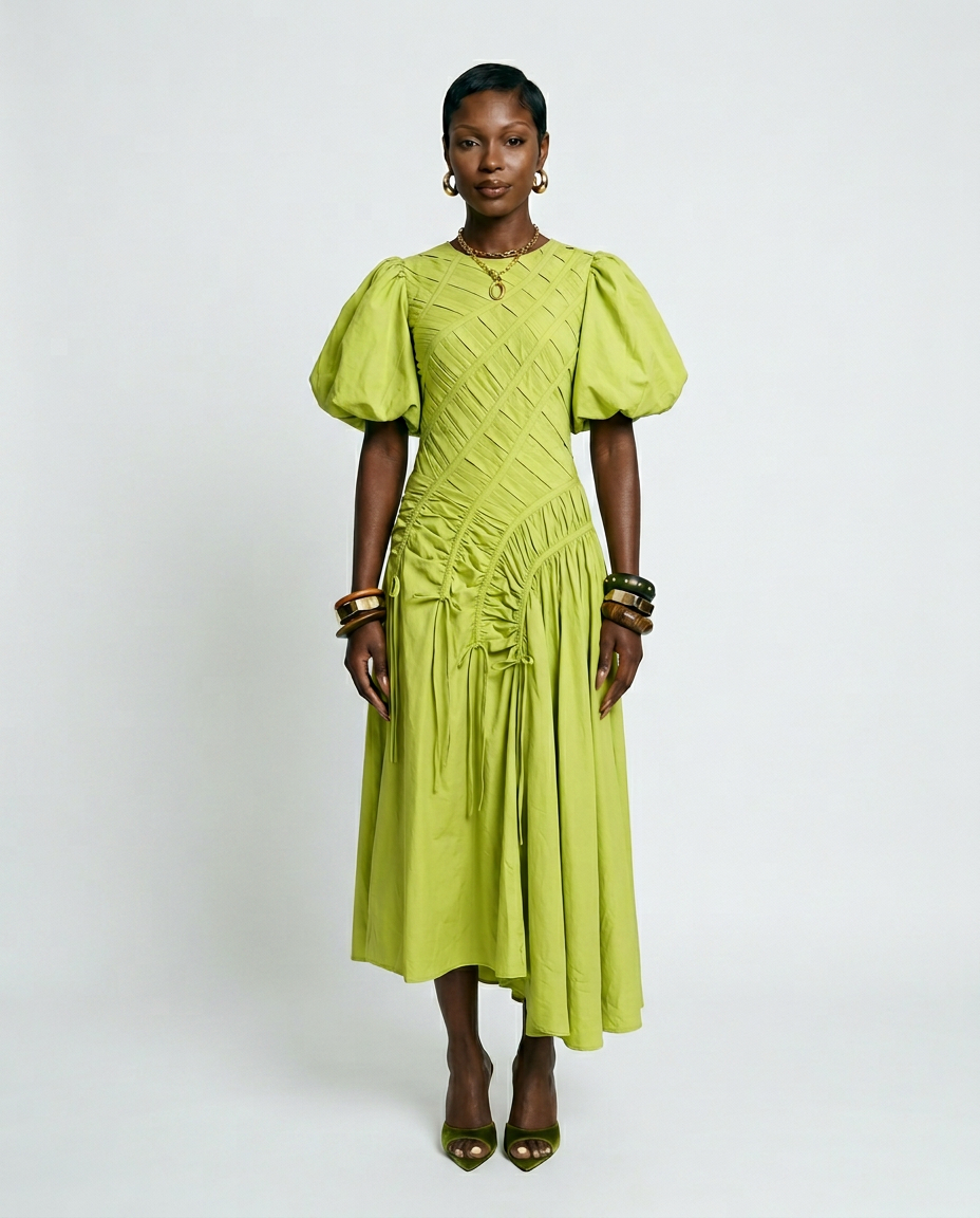 Vibrant Pleated Puff Sleeve Dress Boho Brown