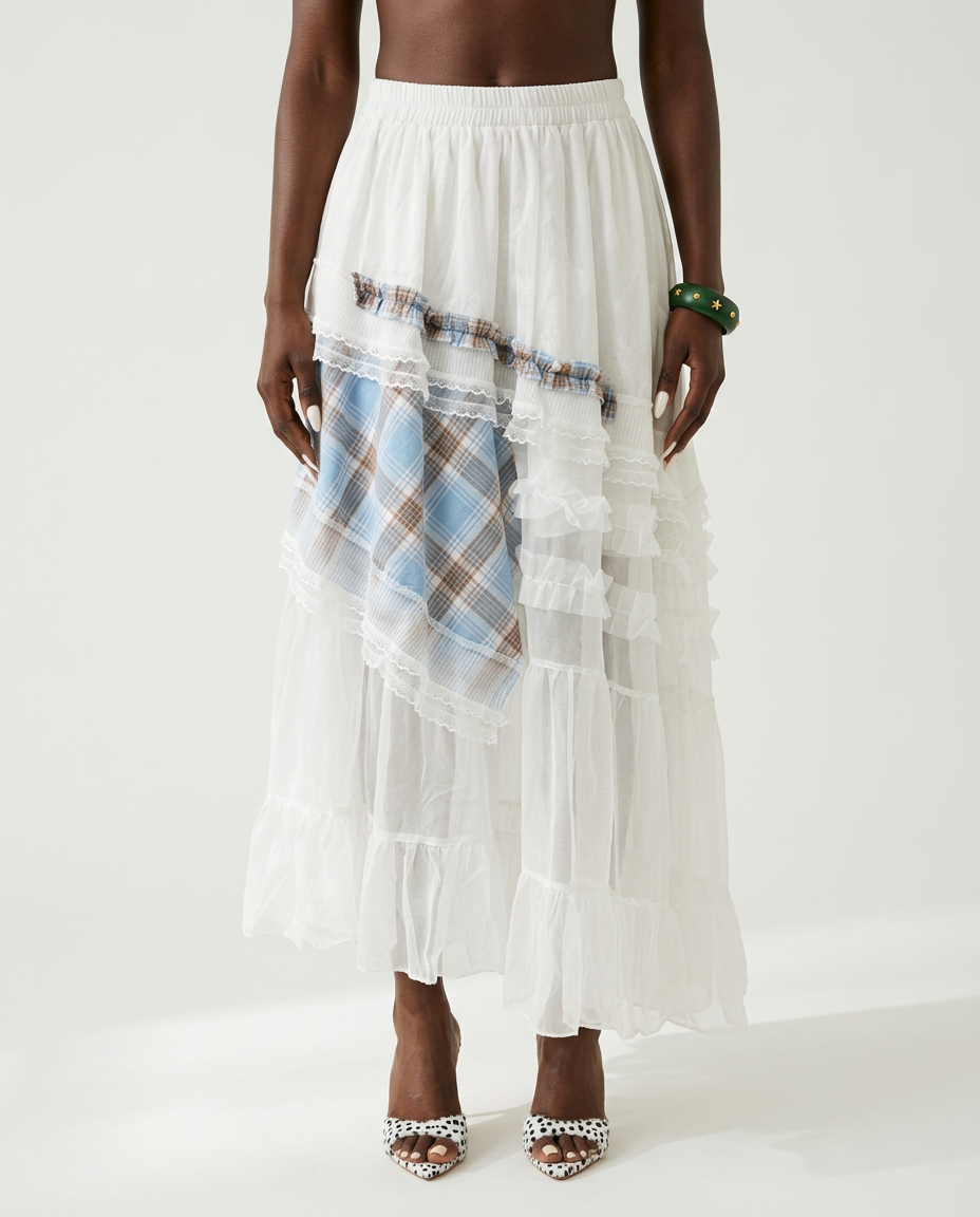 Sovereign Plaid Patchwork Maxi Skirt Boho Brown
