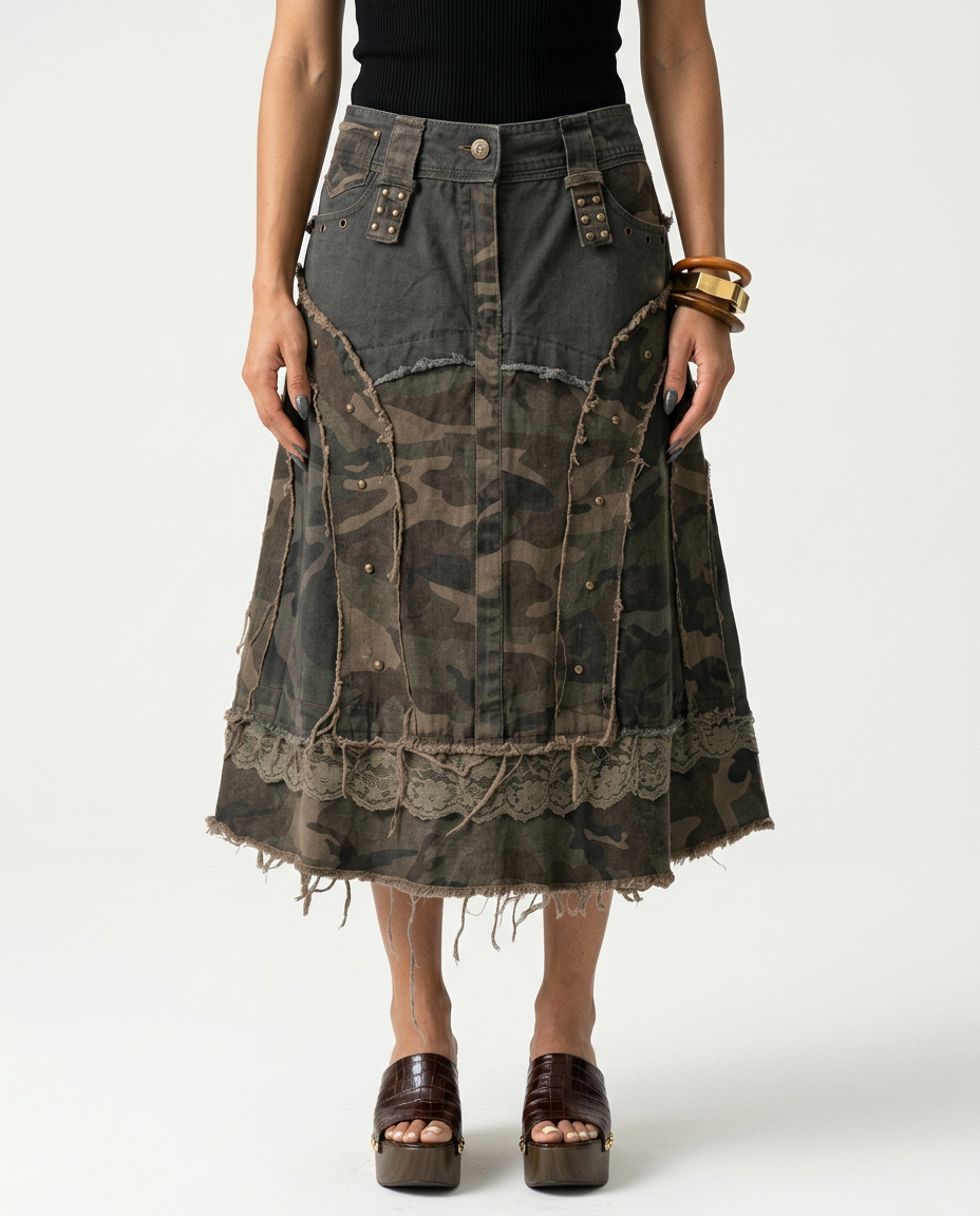 Daring Camouflage Lace Maxi Skirt Boho Brown