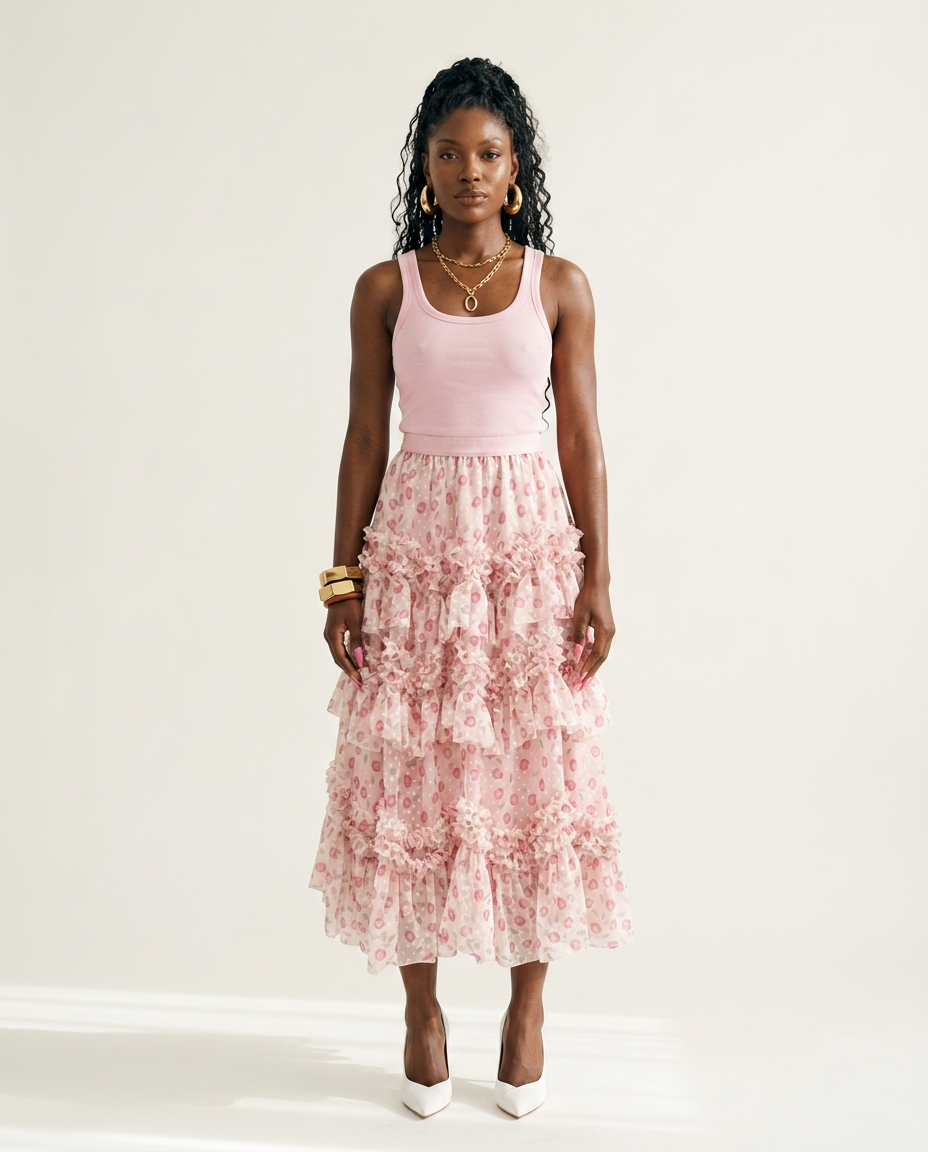 Divine Floral Ruffle Maxi Skirt Boho Brown