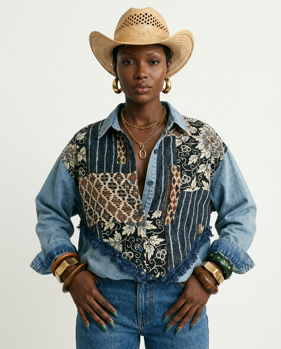 Free Spirit Patchwork Denim Blouse Boho Brown