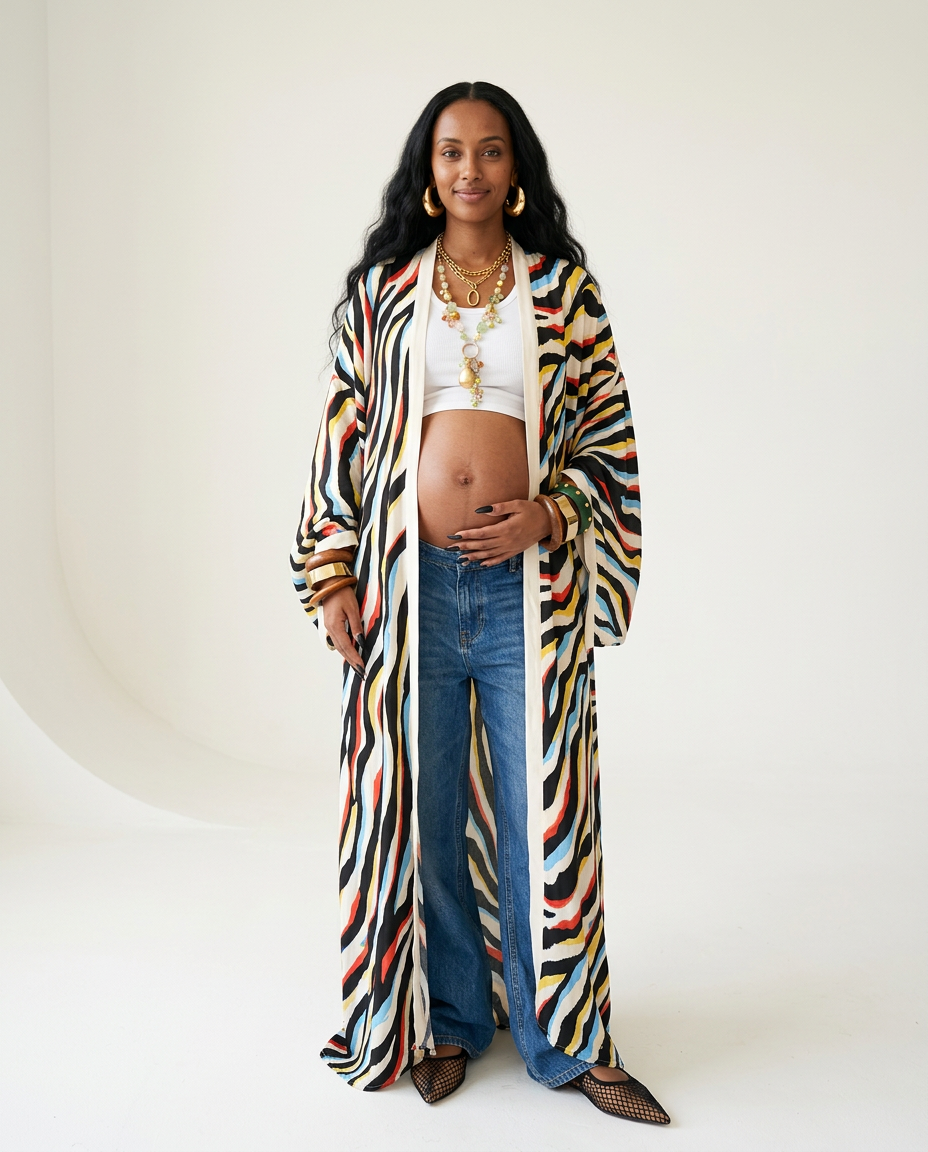 Vibrant Printed Maxi Kimono Boho Brown