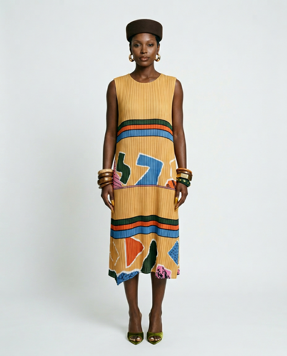 Vibrant Geometric Pleated Midi Dress Boho Brown
