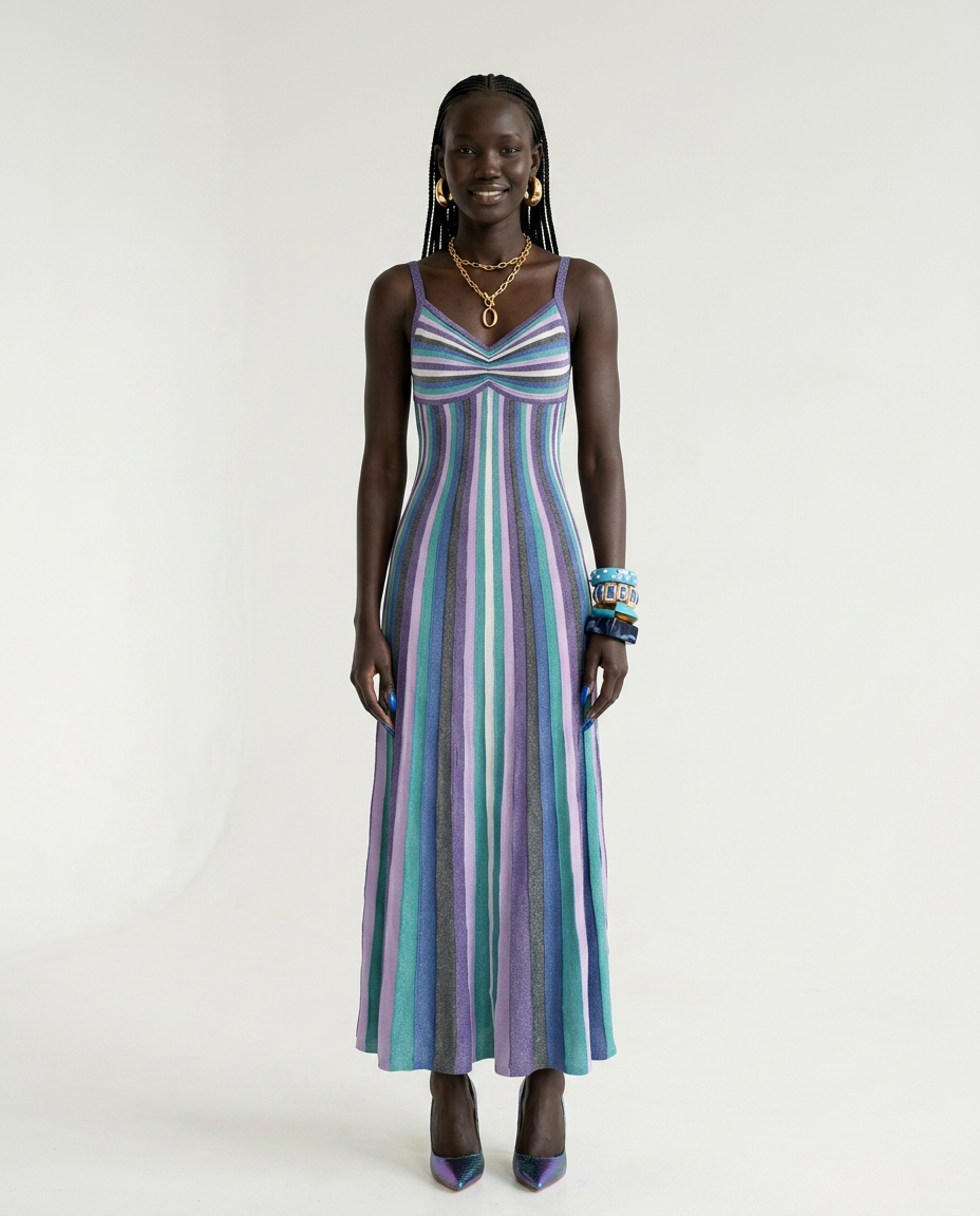 Vibrant Striped Knit Midi Dress Boho Brown