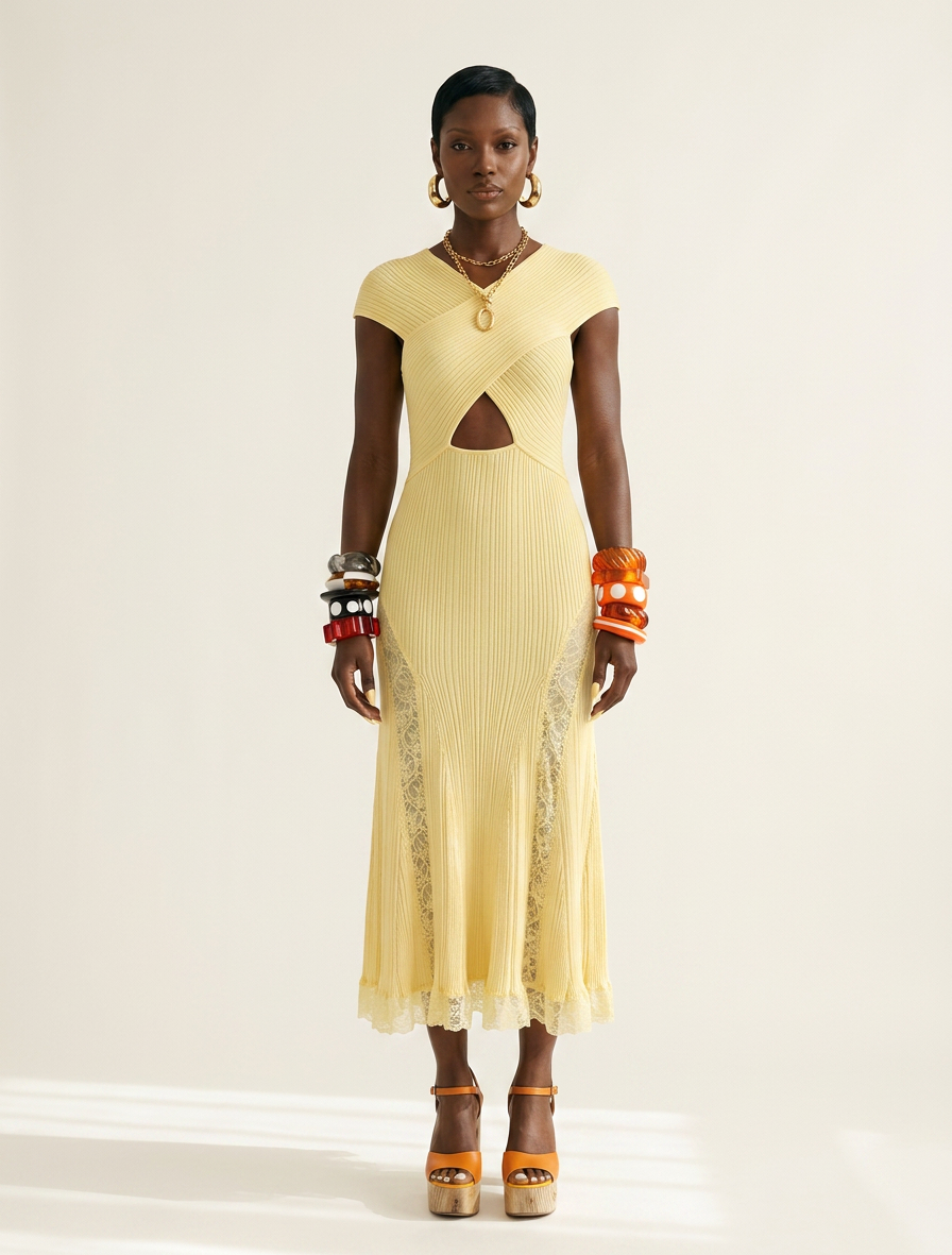 Radiant Knit Lace Midi Dress Boho Brown