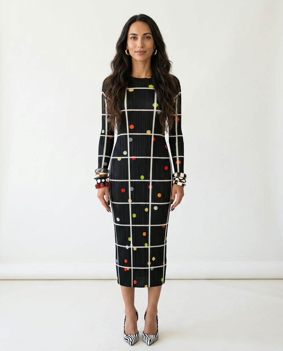 Vibrant Plaid Pleated Maxi Dress Boho Brown