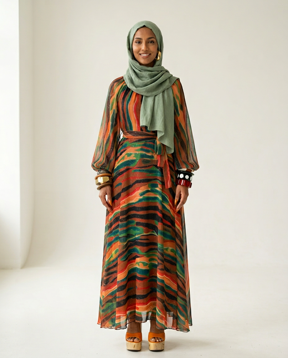Vibrant Sparkle Printed Kaftan Boho Brown