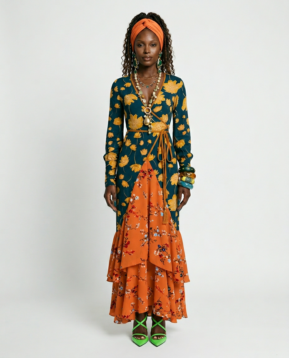 Wanderlust Patchwork Ruffled Maxi Dress Boho Brown