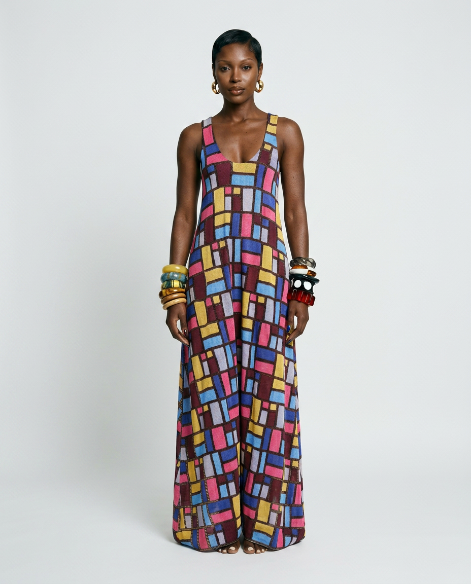 Vibrant Geometric Print Maxi Dress Boho Brown