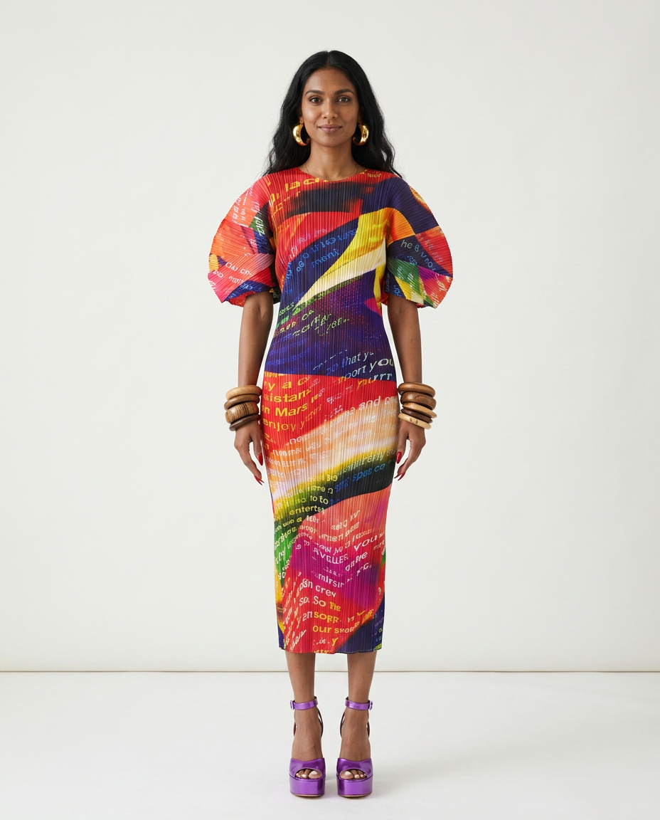 Vibrant Printed Pleated Maxi Dress Boho Brown