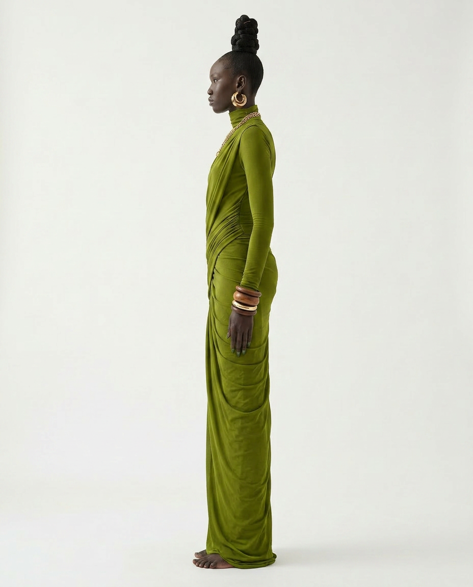 Majestic Draped Long Sleeve Maxi Dress Boho Brown