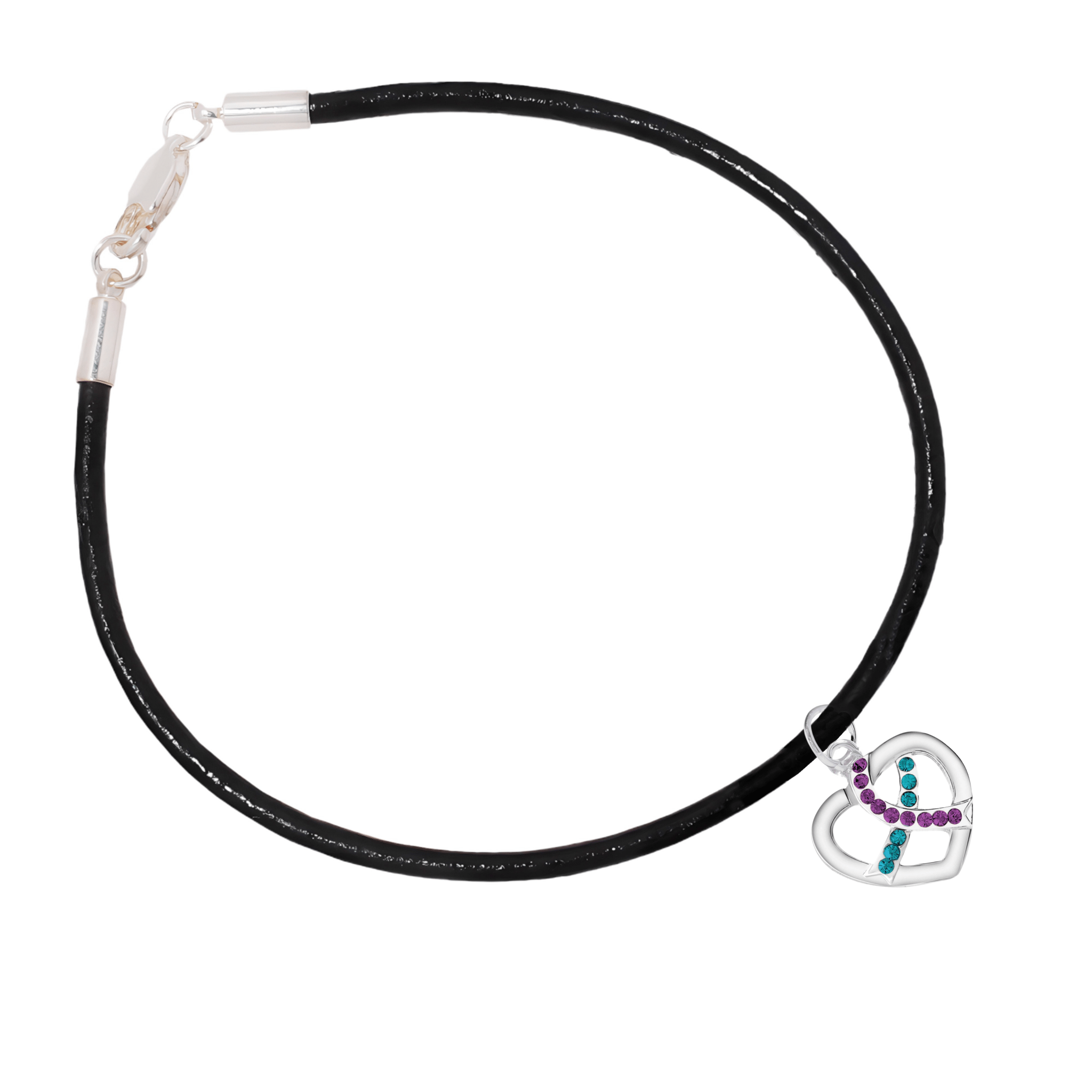Teal & Purple Ribbon Crystal Heart Leather Cord Bracelets The Awareness Company
