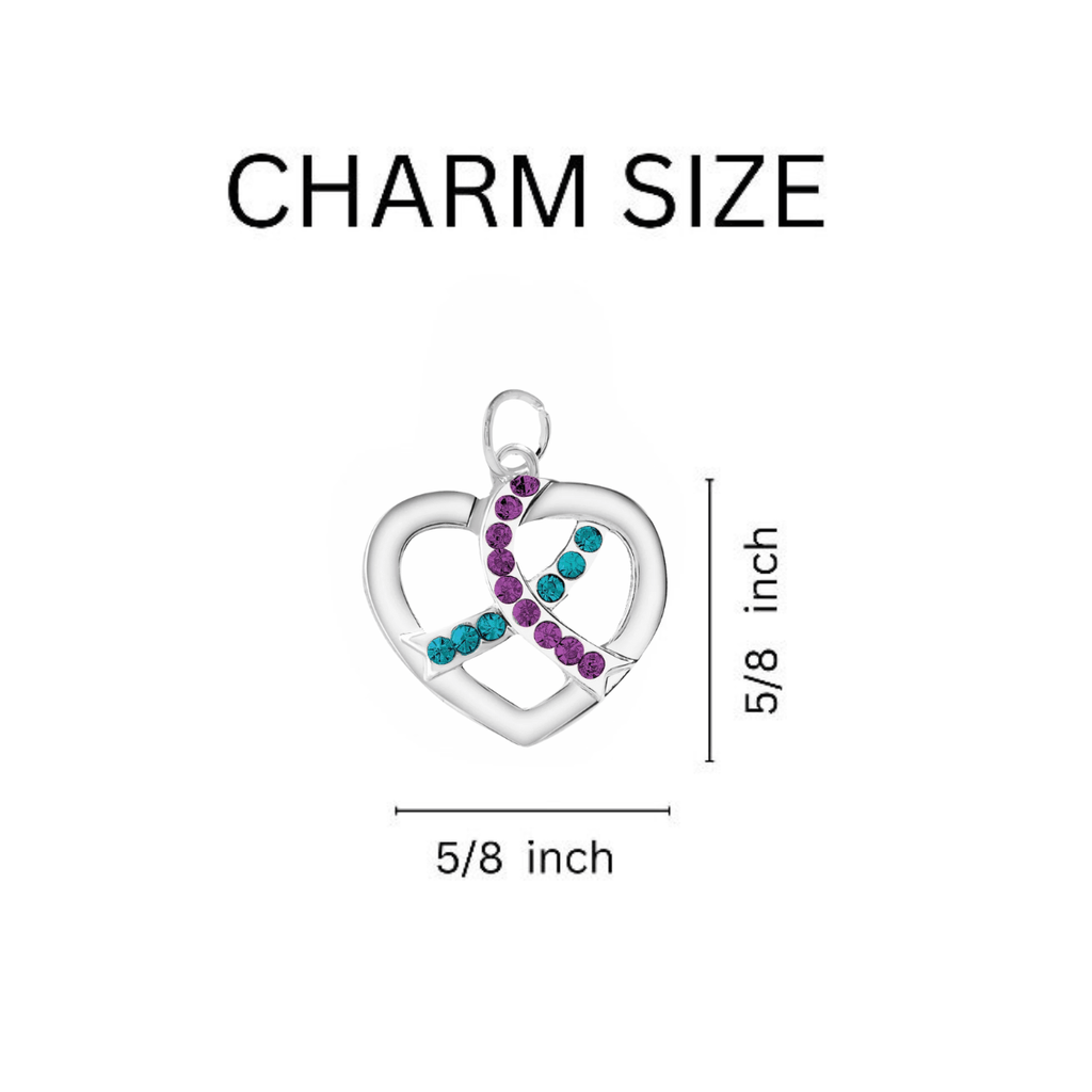 Teal & Purple Ribbon Crystal Heart Leather Cord Bracelets The Awareness Company