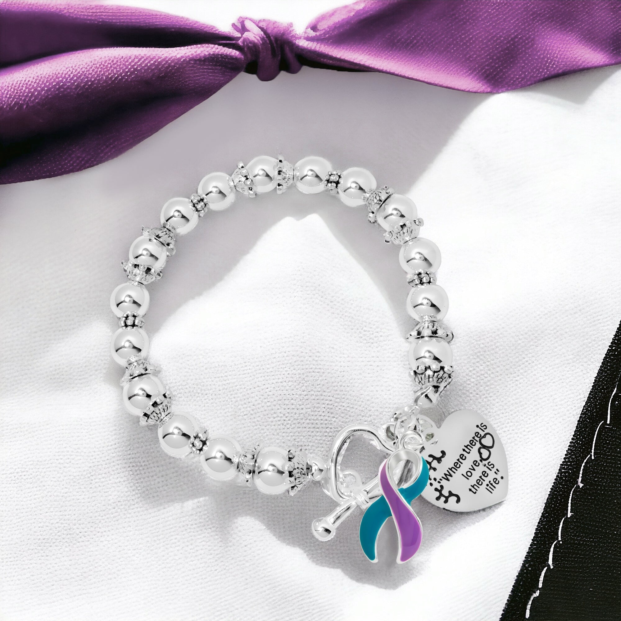 Teal & Purple Ribbon Where There is Love Bracelets The Awareness Company