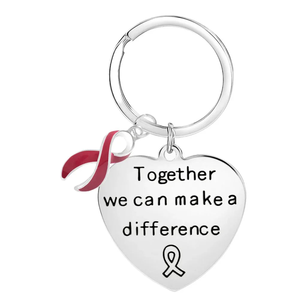“Together We Can Make a Difference” Heart Key Chain – Burgundy Ribbon Charm The Awareness Company