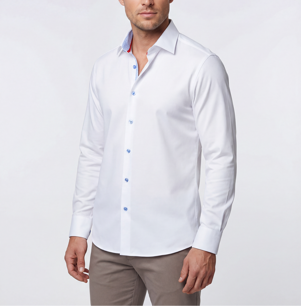 Scott// Cotton Knit-Stretch Button-Up Shirt With Contrast Details // White // Tailored Fit (Fitted) LEVINAS® Official