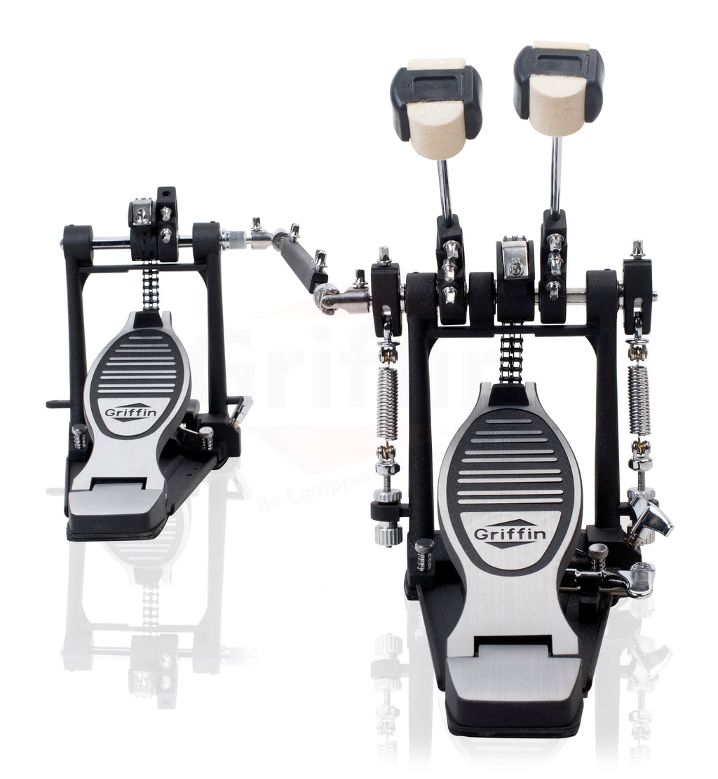 Double Kick Drum Pedal for Bass Drum by GRIFFIN - Deluxe Twin Set Foot Pedal - Quad Sided Beater Heads - Dual Pedal Two Chain Drive Hardware GeekStands.com