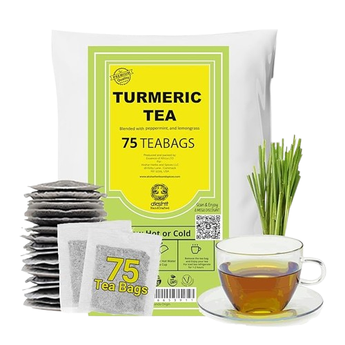 Akshit 75 Natural Turmeric Tea Bags | Peppermint, Lemongrass and Black Pepper Tea Blend, Te De Curcuma, Pure Tumeric Tea blend, Caffeine Free, Stress Relieving Herbal Tea, Non-Gmo. Pack of 1 Akshit