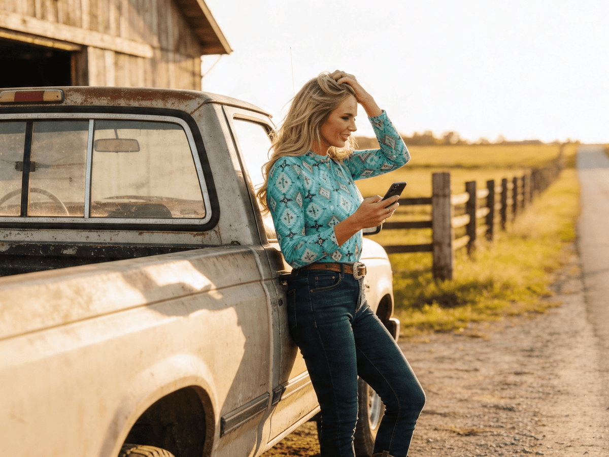 LUCKY & BLESSED Turquoise Aztec Print Long Sleeve Mesh Western Top — Bold Southwestern Geometric Layering Piece Cowhide and Conchos