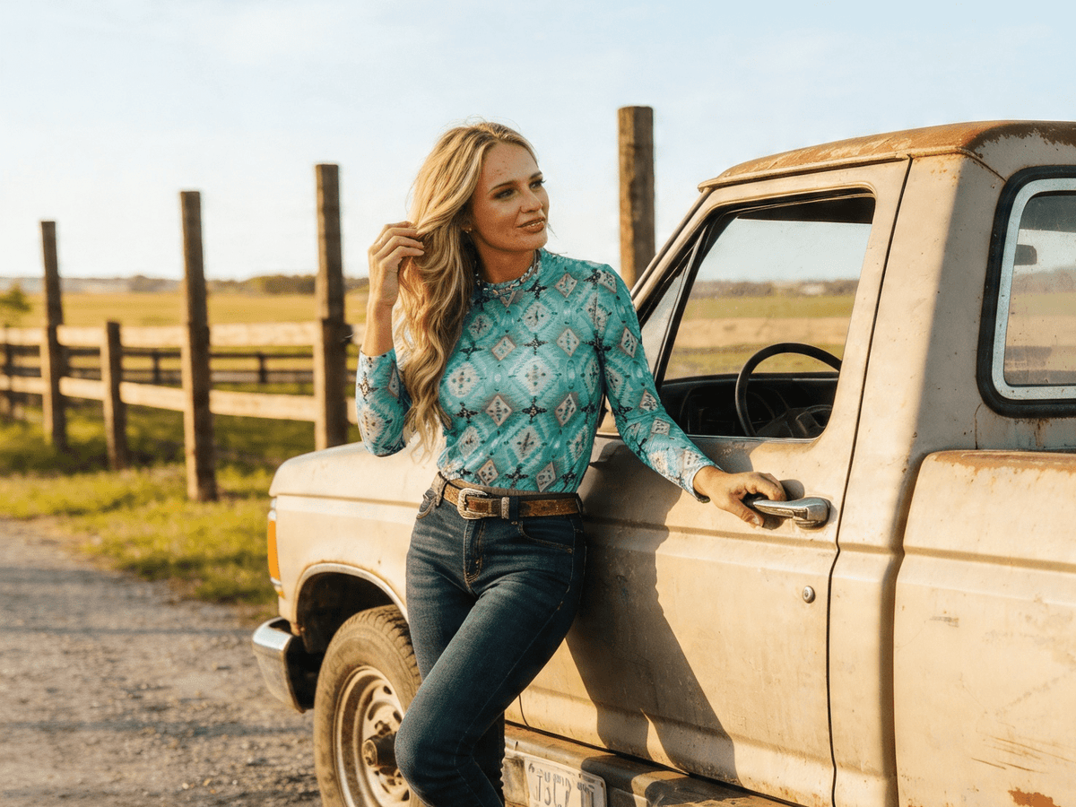 LUCKY & BLESSED Turquoise Aztec Print Long Sleeve Mesh Western Top — Bold Southwestern Geometric Layering Piece Cowhide and Conchos